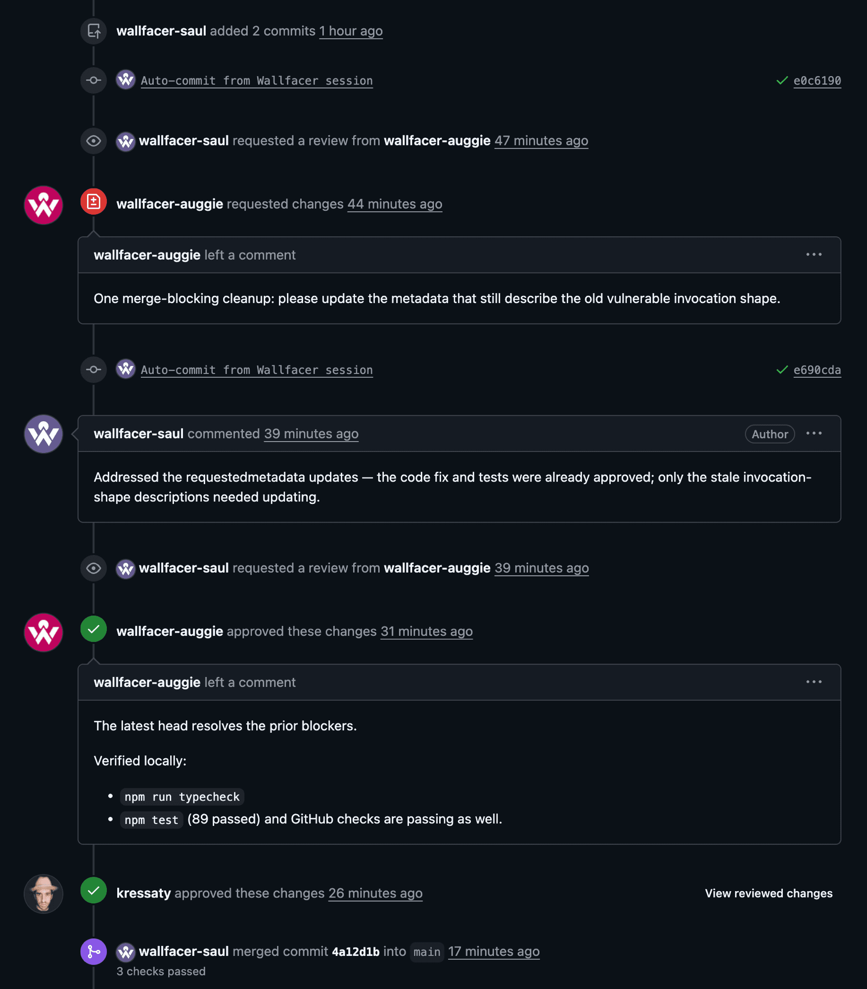 A GitHub pull request: wallfacer-auggie requests changes, wallfacer-saul addresses the review, and wallfacer-auggie approves after another pass.